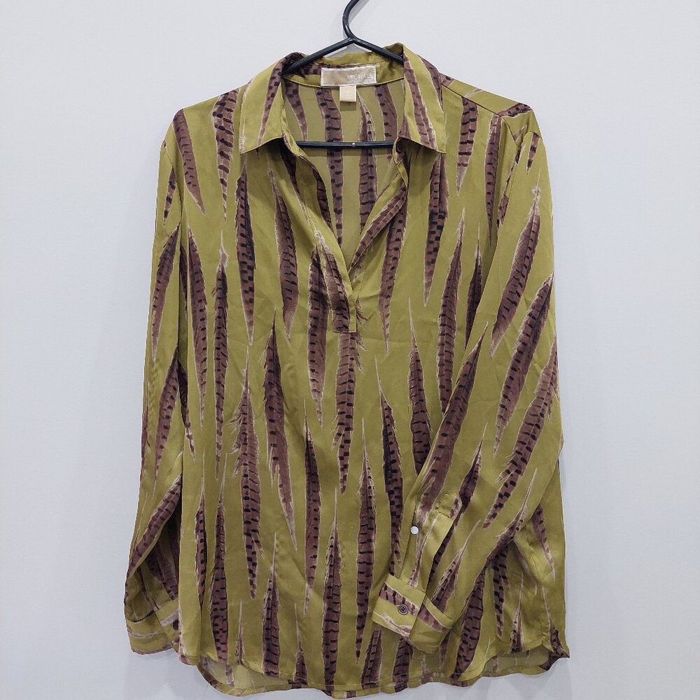 Michael Kors Avocado Green Feather Silky Satin Tunic, Size S